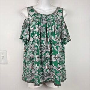 Max Studio Green and White Floral Cold Shoulder Top